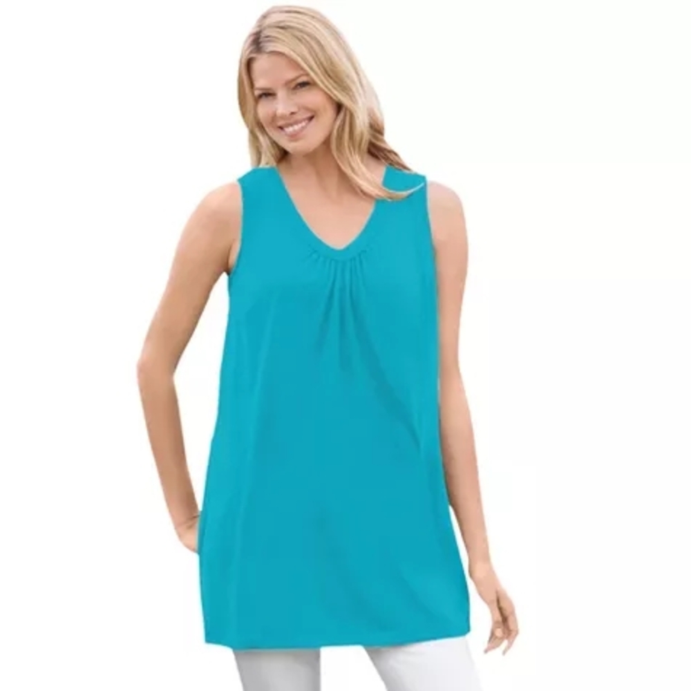 Woman Within Teal Sleeveless Top Plus Size 2X 100% Cotton, Cool Summer Cover Up